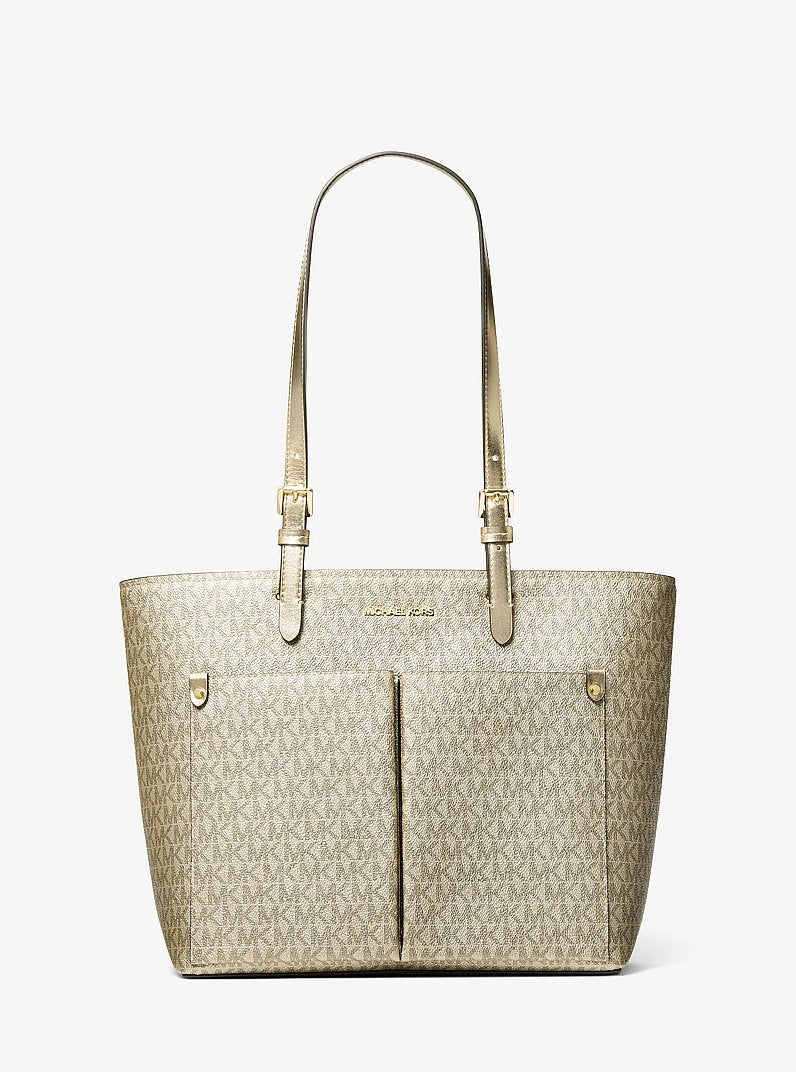 Jet Set Medium Metallic Signature Logo Pocket Tote Bag Pale Gold Pale Gold