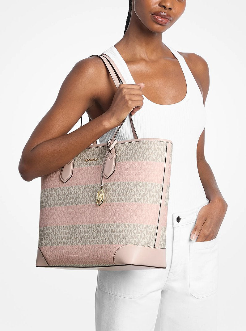 Eva Large Striped Signature Logo Tote Bag Powder Blush Powder Blush