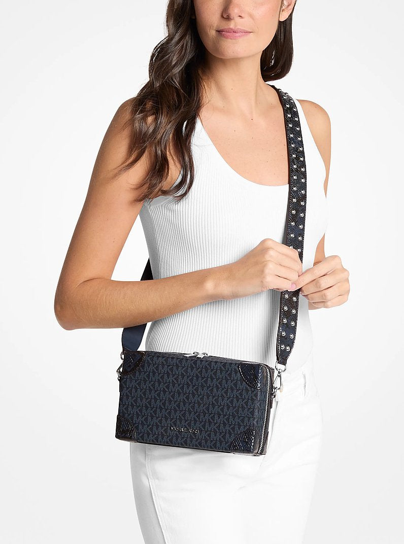 Jeanie Small Signature Logo and Snake Embossed Crossbody Bag Navy Navy
