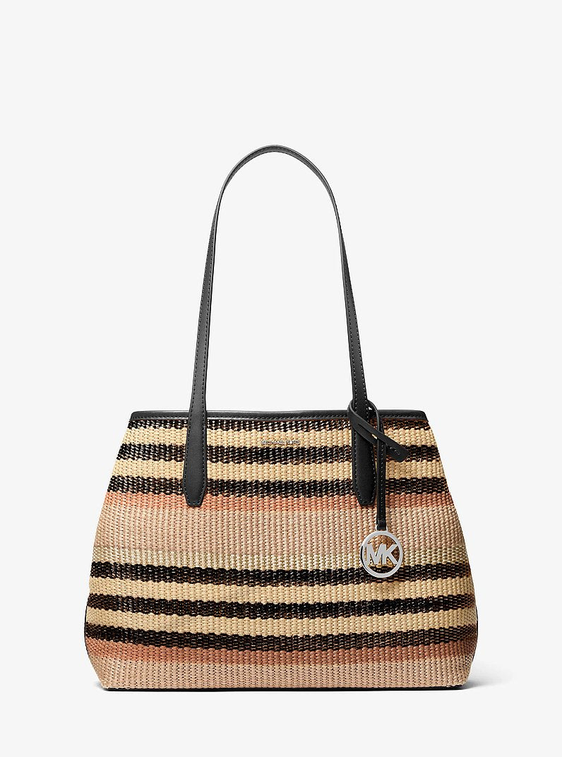 Avalon Medium Striped Woven Tote Bag Black Black