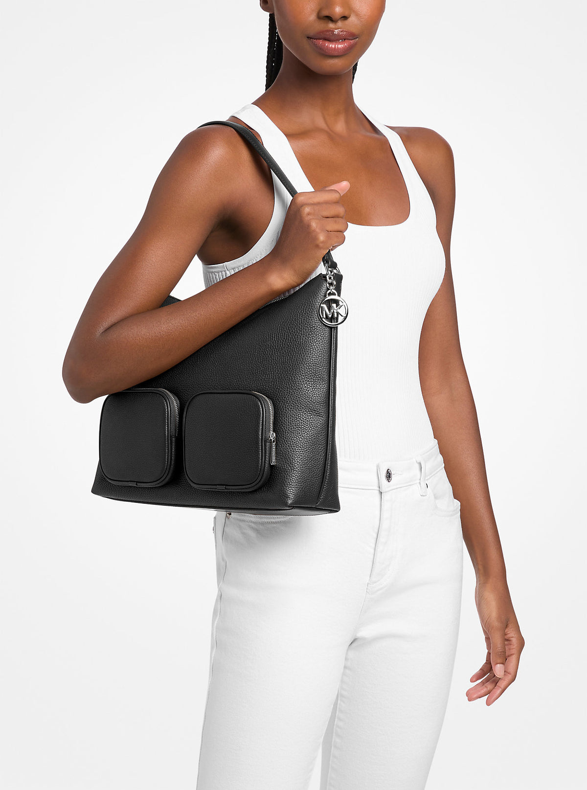 Merritt Large Pebbled Leather Cargo Shoulder Bag Black Black