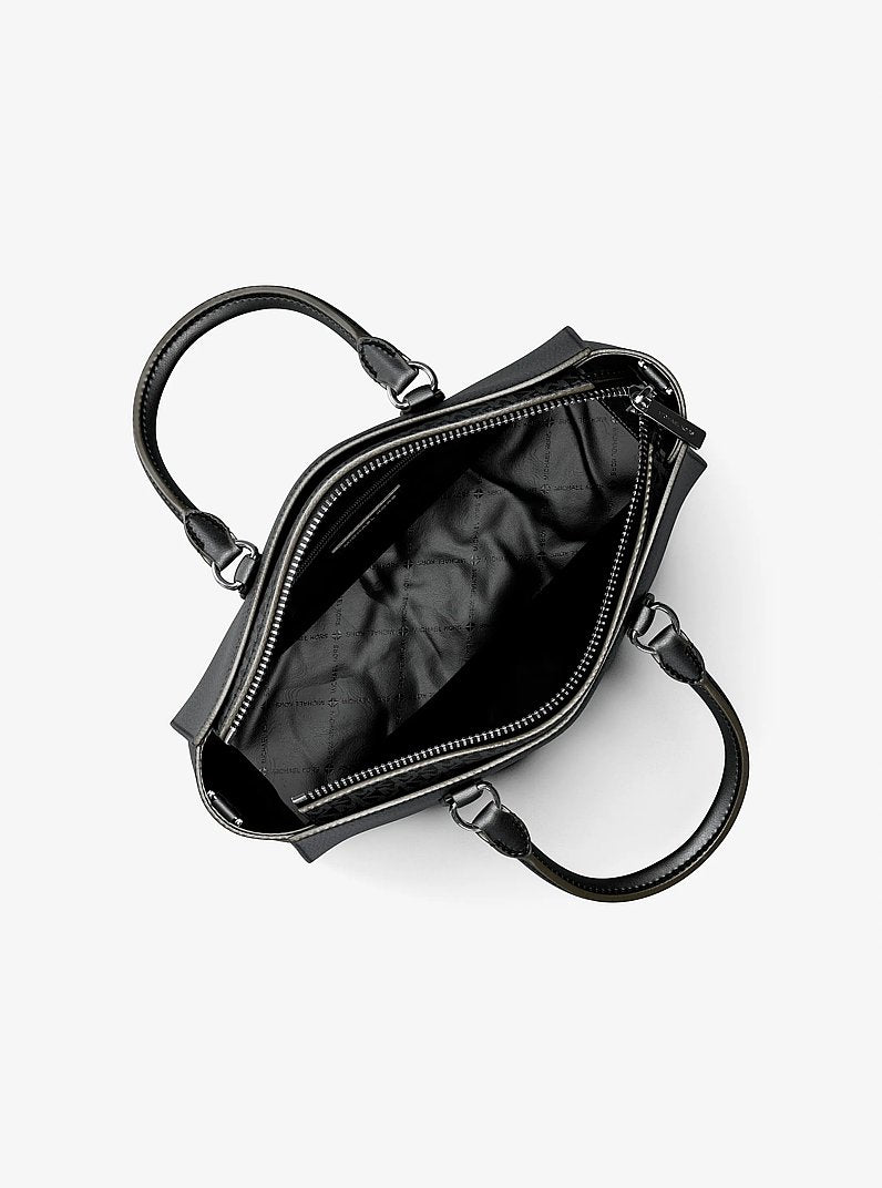 Arden Medium Pebbled Leather and Signature Logo Top-Zip Satchel Black Black