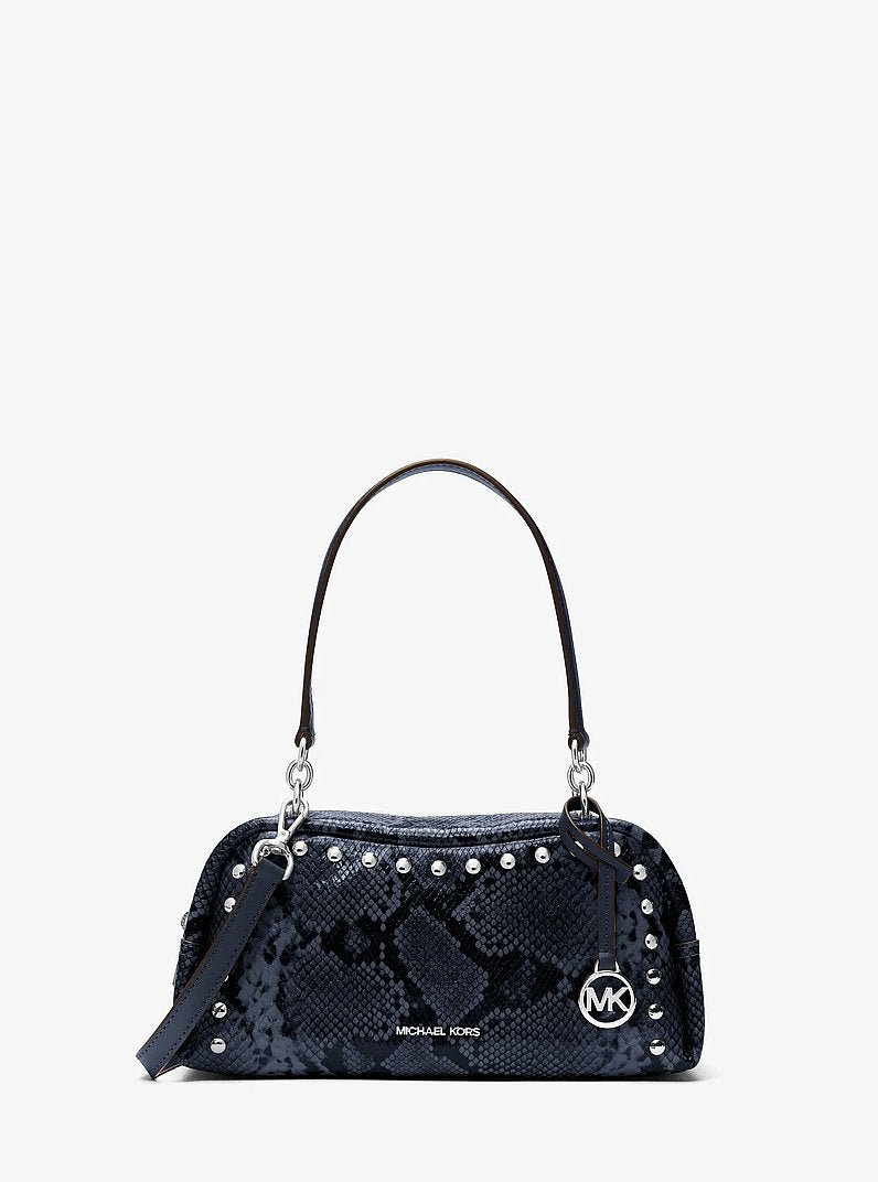 Cecily Small Studded Snake Embossed Shoulder Bag Navy Navy