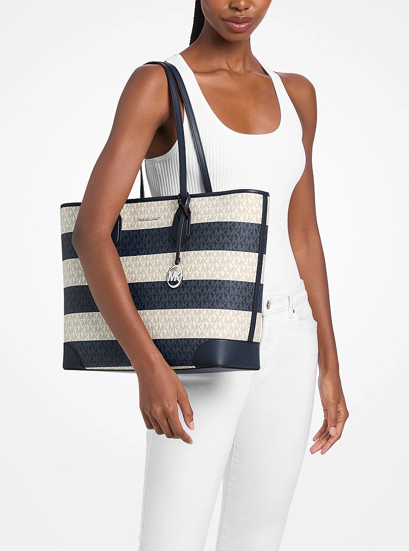 Eva Large Striped Signature Logo Tote Bag Navy Navy