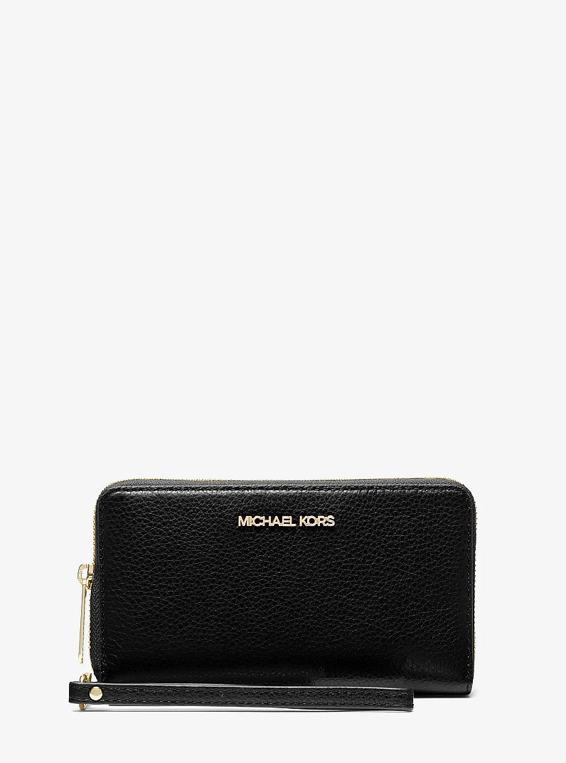 Large Pebbled Leather Smartphone Wristlet Black Black