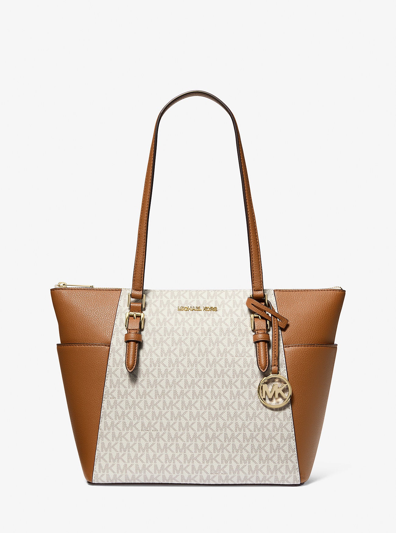 Charlotte Large Logo and Leather Top-Zip Tote Bag Vanilla Vanilla