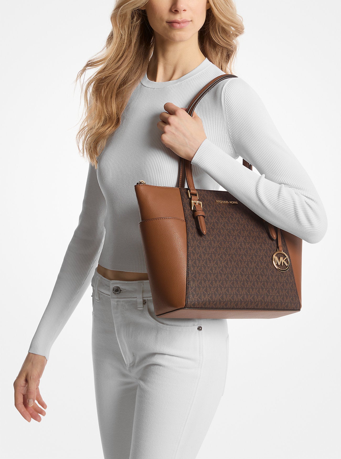 Charlotte Large Logo and Leather Top-Zip Tote Bag Brown Brown