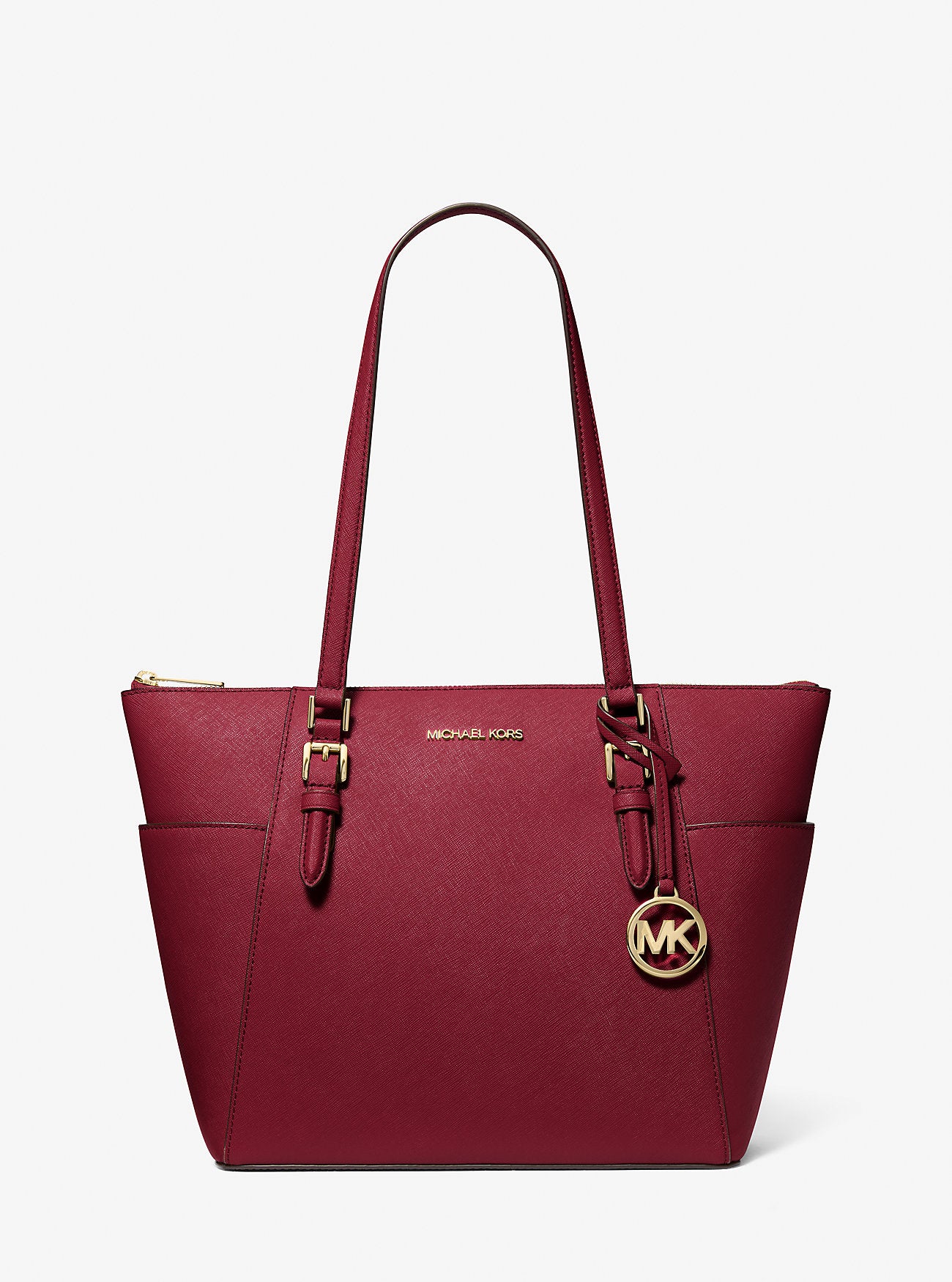 Michael Kors Charlotte Large Saffiano Leather Top-Zip Tote Bag Cherry  Cherry