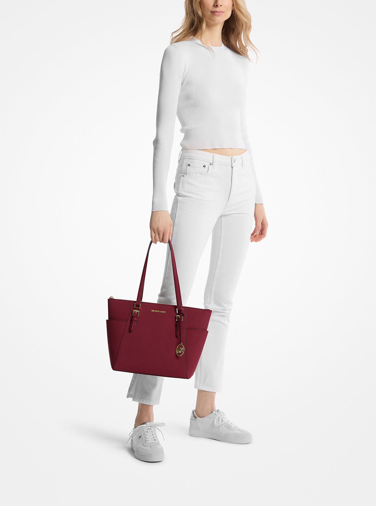 Charlotte Large Saffiano Leather Top-Zip Tote Bag Cherry Cherry