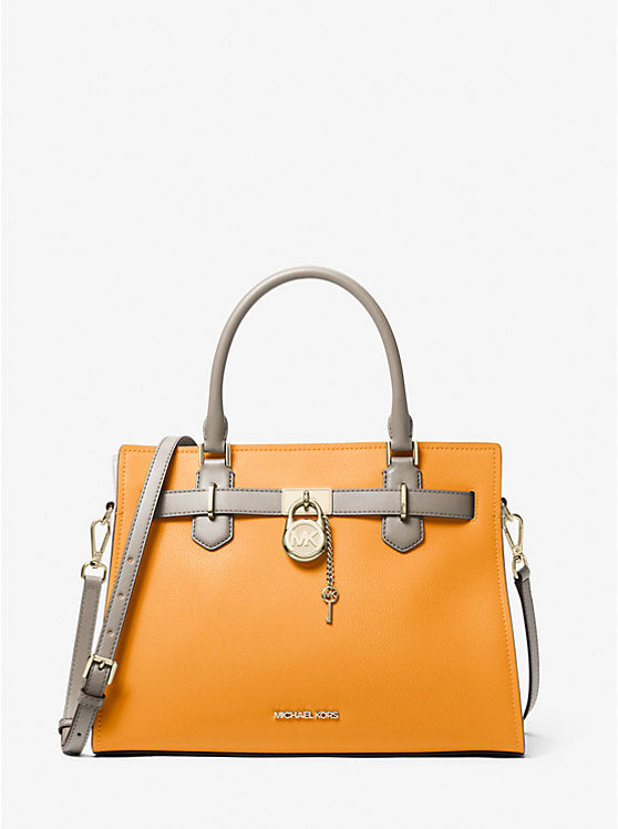 Micheal Kors Hamilton Medium Color-Block Leather Satchel Pop Orange Multi