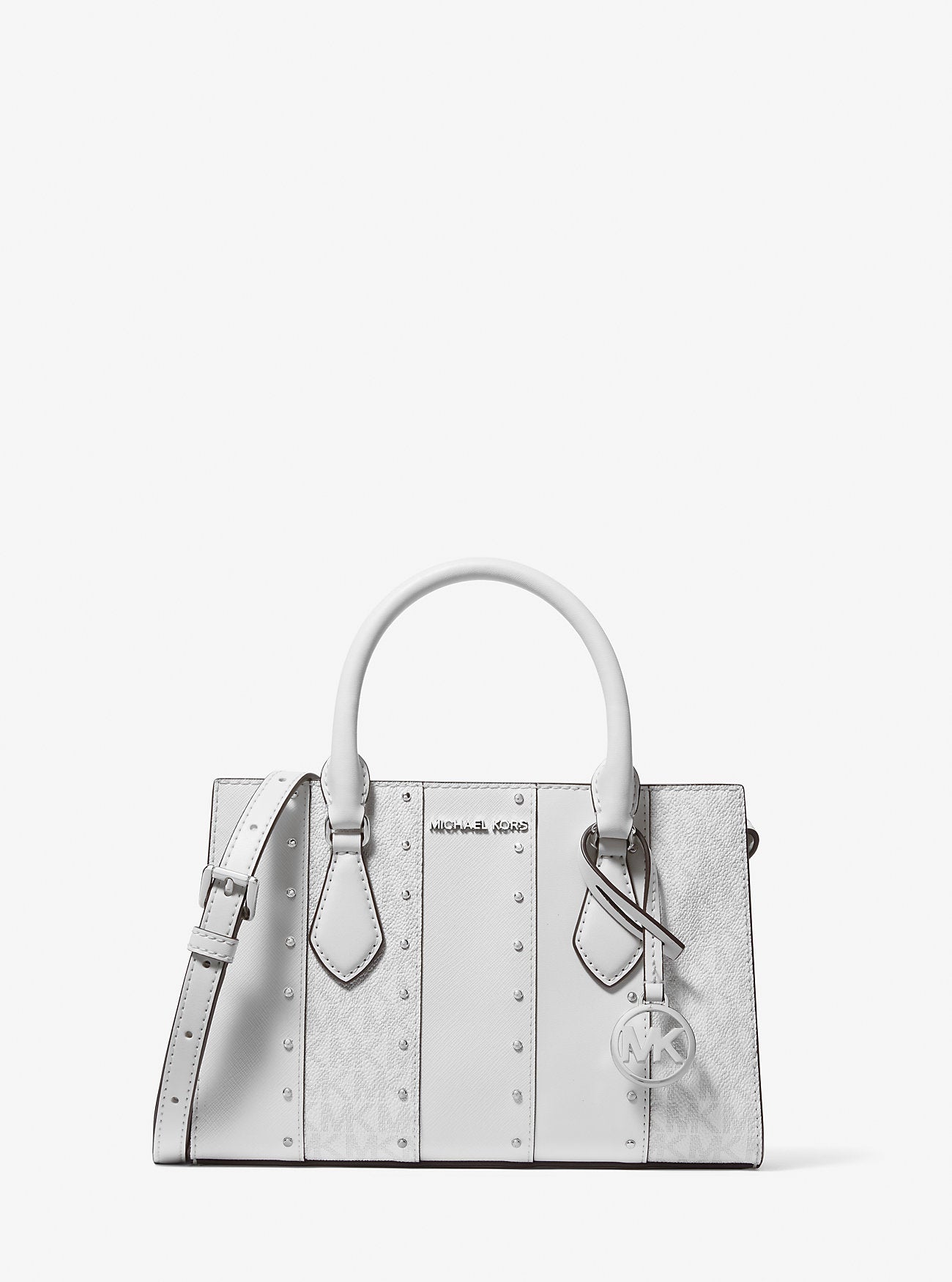 Sheila Small Studded Patchwork and Signature Logo Satchel Opwht Multi Opwht Multi