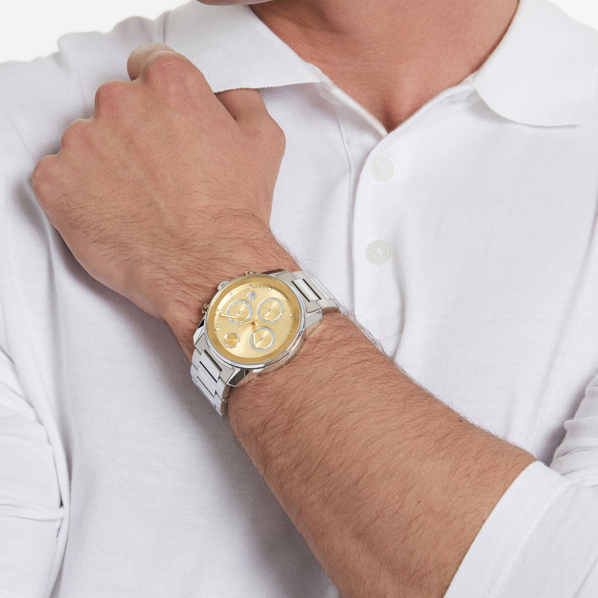 Movado Bold Verso Men Quartz Gold Dial Chronograph Stainless Steel Watch 3600907