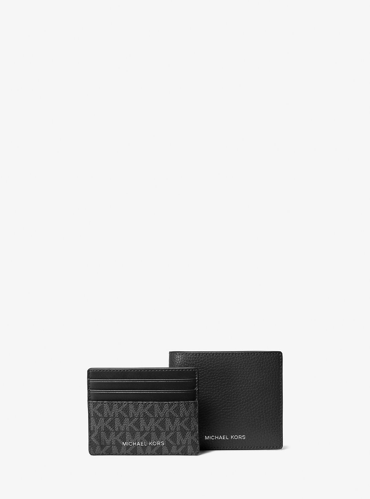 Pebbled Leather Billfold Wallet and Signature Logo Card Case Gift Set Black Black