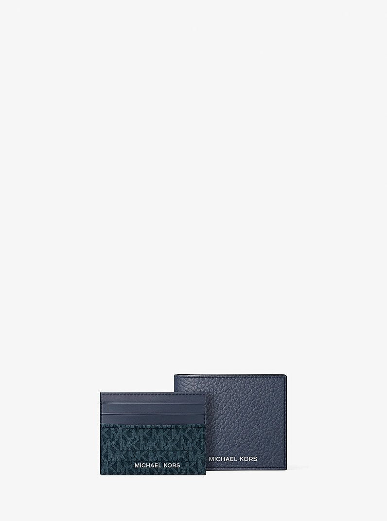 Pebbled Leather Billfold Wallet and Signature Logo Card Case Gift Set Navy Navy