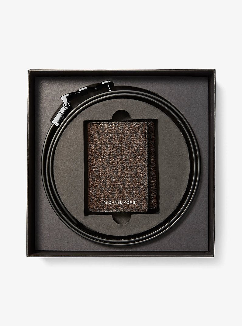 Signature Logo Tri-Fold Card Case and Belt Gift Set Brown-Blk Brown-Blk