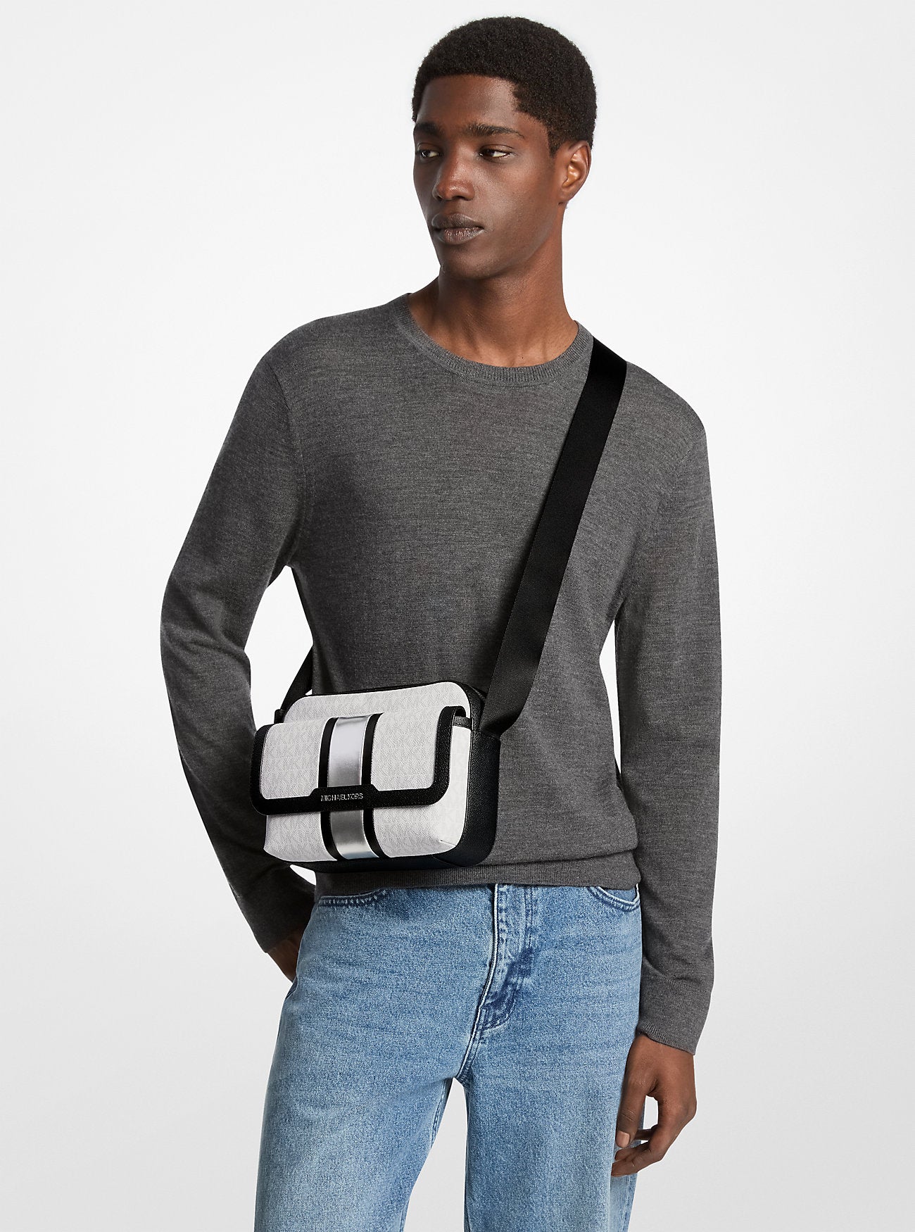 Cooper Medium Signature Logo Stripe Camera Crossbody Bag Silver Silver