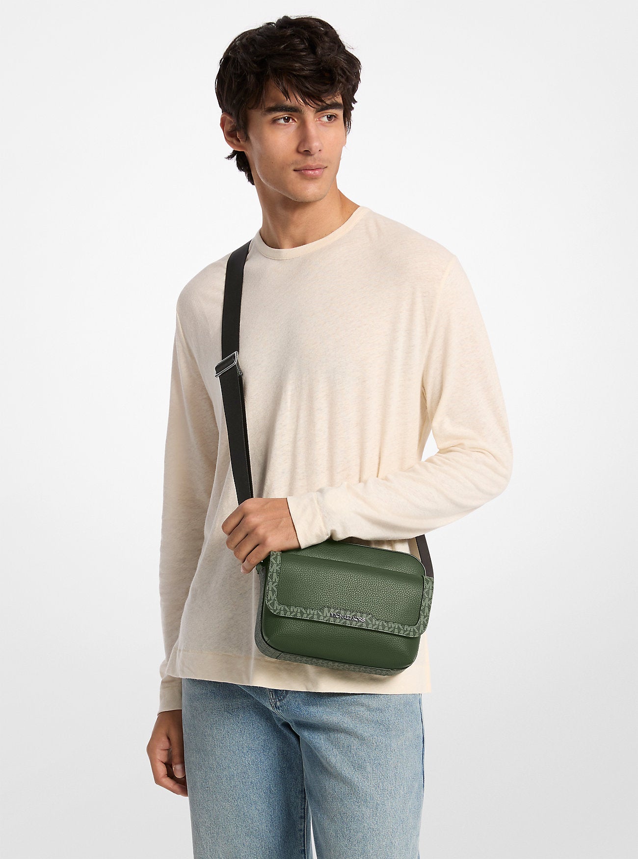 Cooper Medium Pebbled Leather and Signature Logo Camera Crossbody Bag Moss Moss