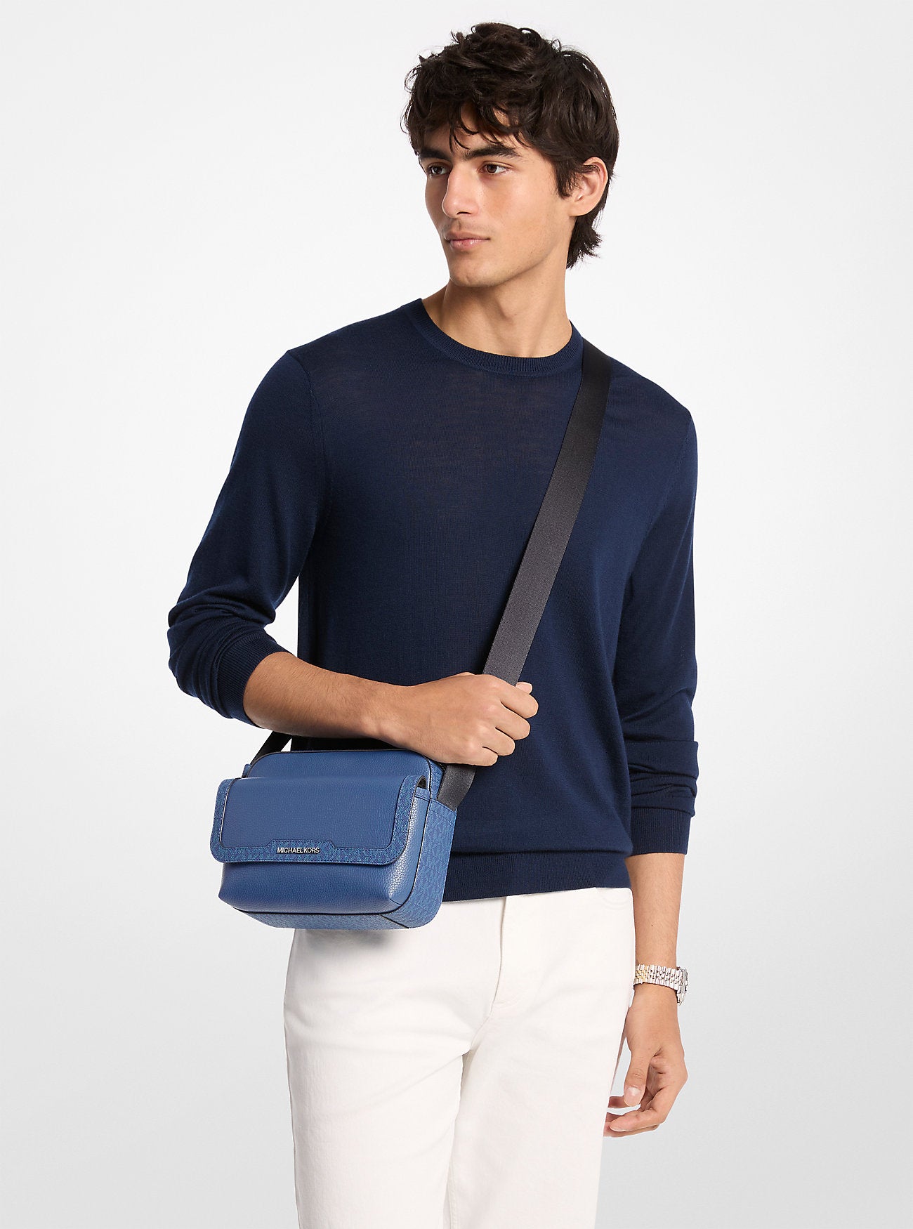 Cooper Medium Pebbled Leather and Signature Logo Camera Crossbody Bag Galaxy Blue Galaxy Blue