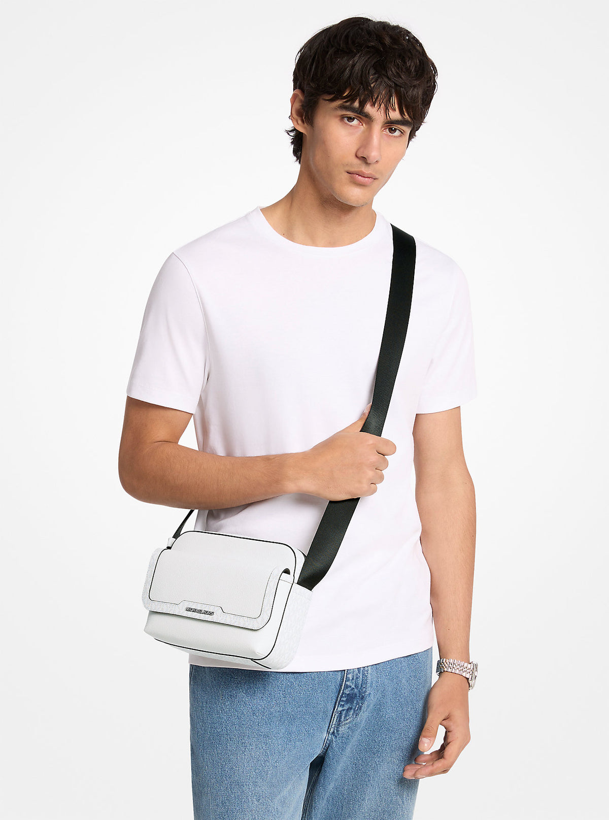 Cooper Medium Pebbled Leather and Signature Logo Camera Crossbody Bag Bright Wht Bright Wht