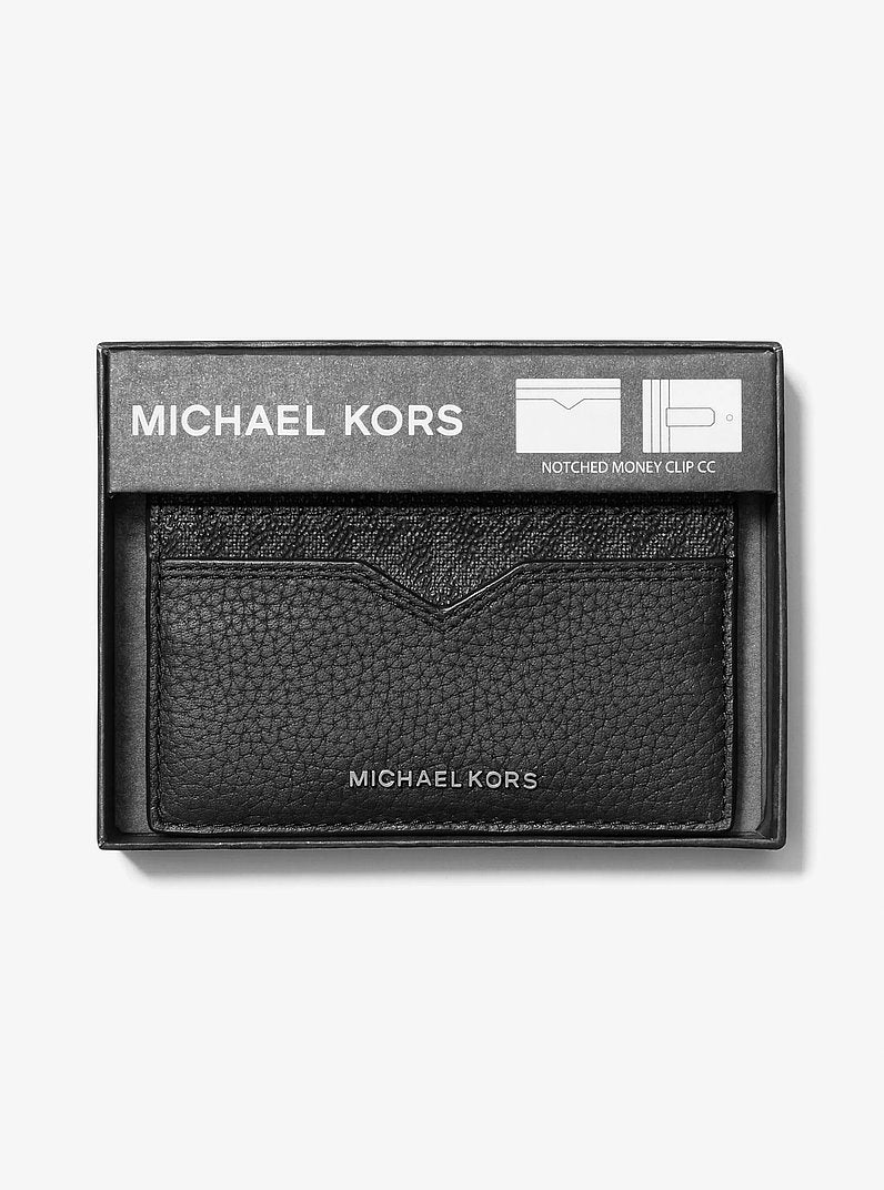 Michael Kors Hudson Pebbled Leather and Signature Logo Money Clip Card Case BLACK