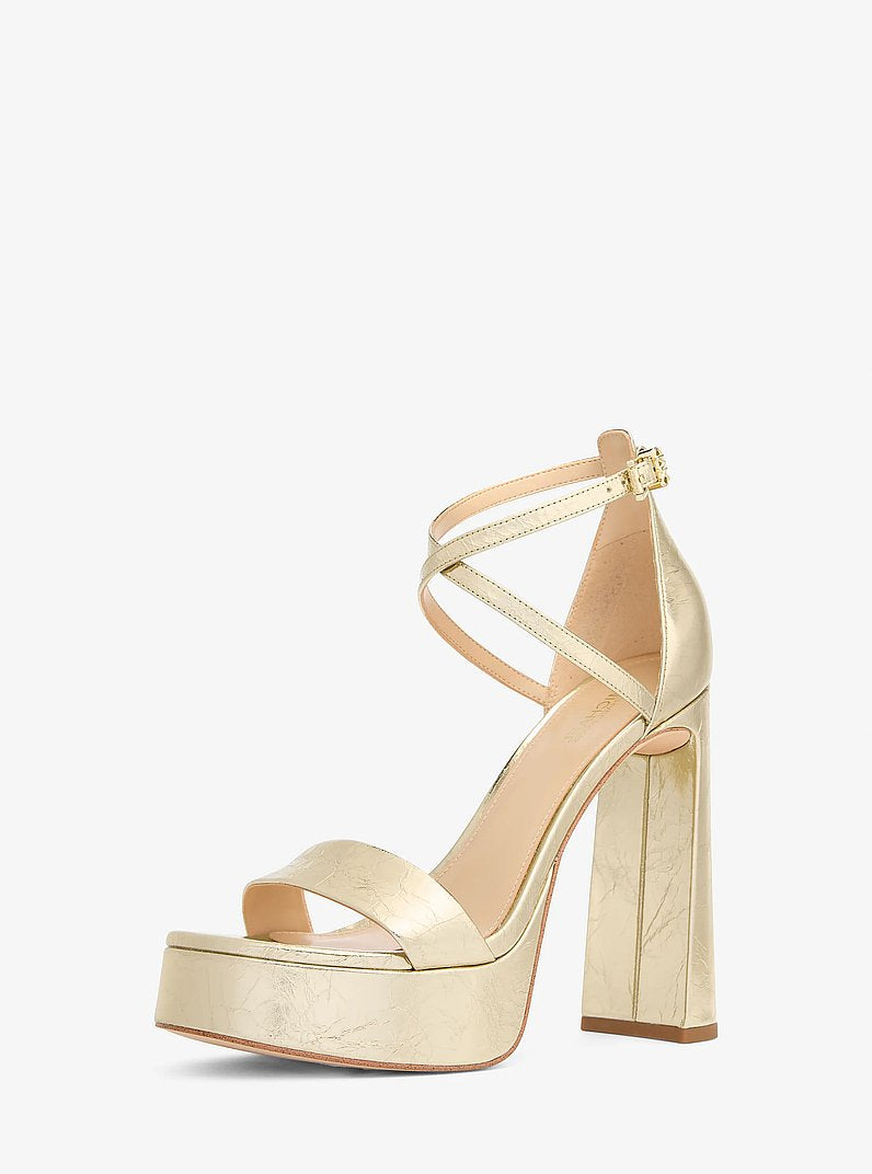 Michael Kors Cami Crackled Metallic Leather Platform Sandal PALE GOLD