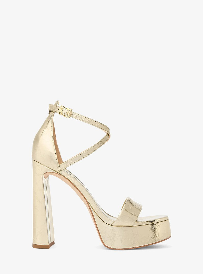 Michael Kors Cami Crackled Metallic Leather Platform Sandal PALE GOLD