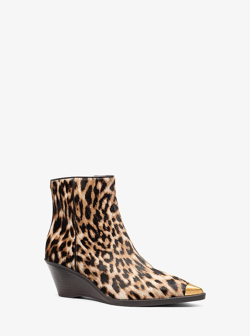 Michael Kors Austin Leopard Print Calf Hair Wedge Boot DK CAMEL MLT