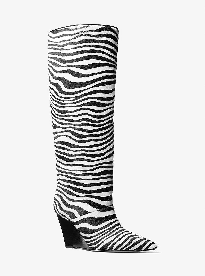 Michael Kors Xandra Zebra Print Calf Hair Wedge Boot BLACK COMBO