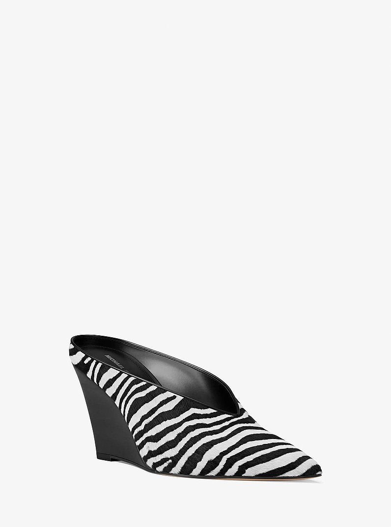 Michael Kors Xandra Zebra Print Calf Hair Wedge Mule BLACK COMBO