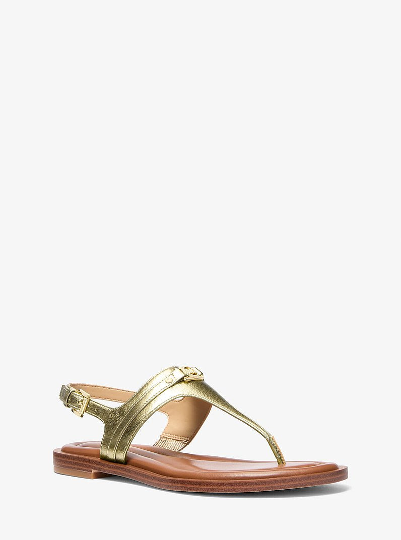 Michael Kors Mandy Metallic Leather T-Strap Sandal PALE GOLD