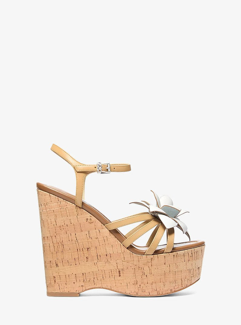 Michael Kors Jacie Floral Embellished Leather Wedge Sandal PEANUT