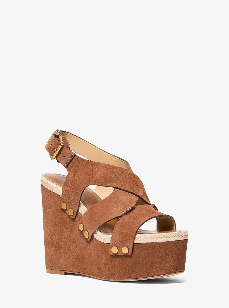 Michael Kors Raven Studded Suede Wedge Sandal LUGGAGE