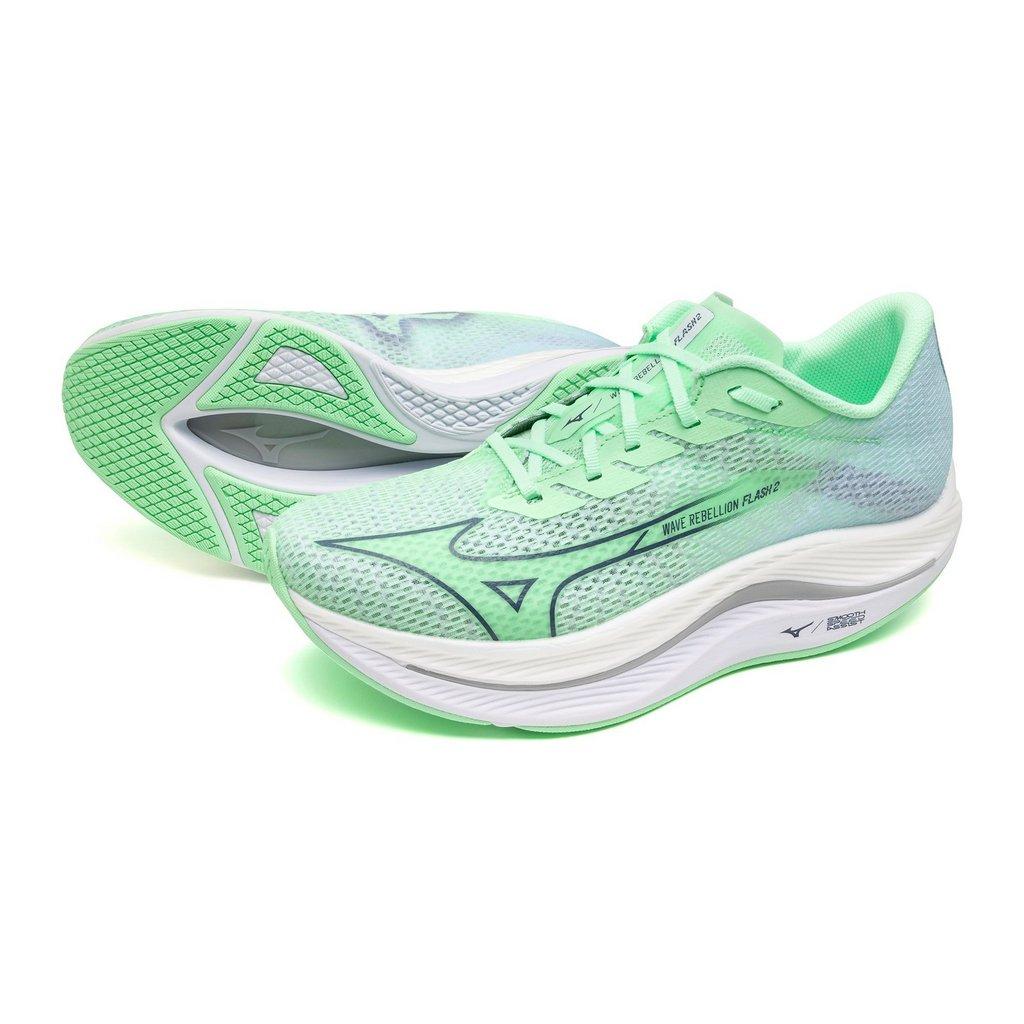 Mizuno Men's Wave Rebellion Flash 2 Running Shoe Neo Mint Vintage Indigo