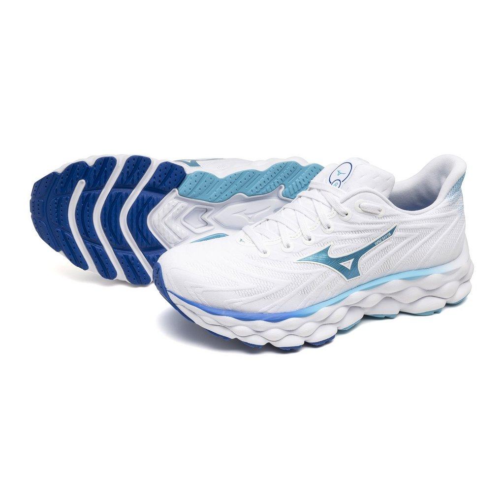 Mizuno Women's Wave Sky 8 Running Shoe White Moroccan Blue