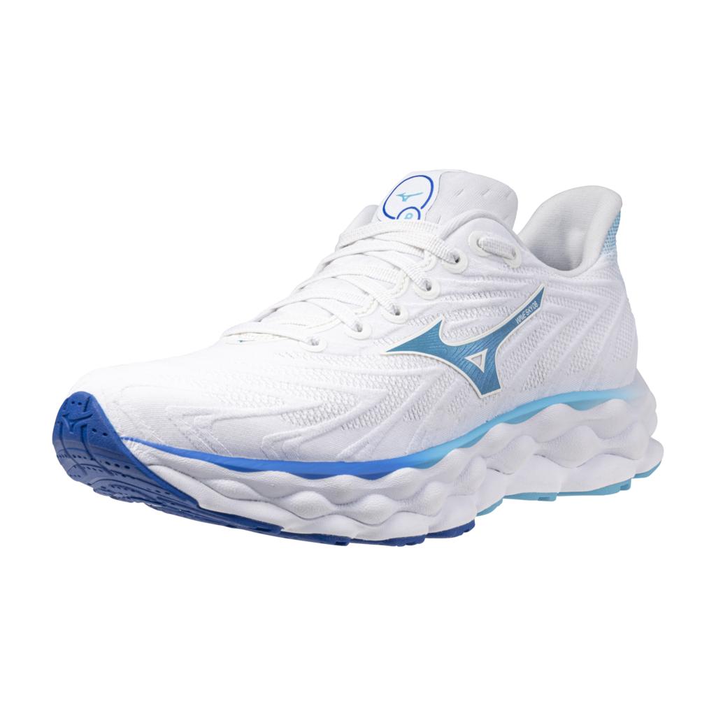 Mizuno Women's Wave Sky 8 Wide D Running Shoe White Moroccan Blue