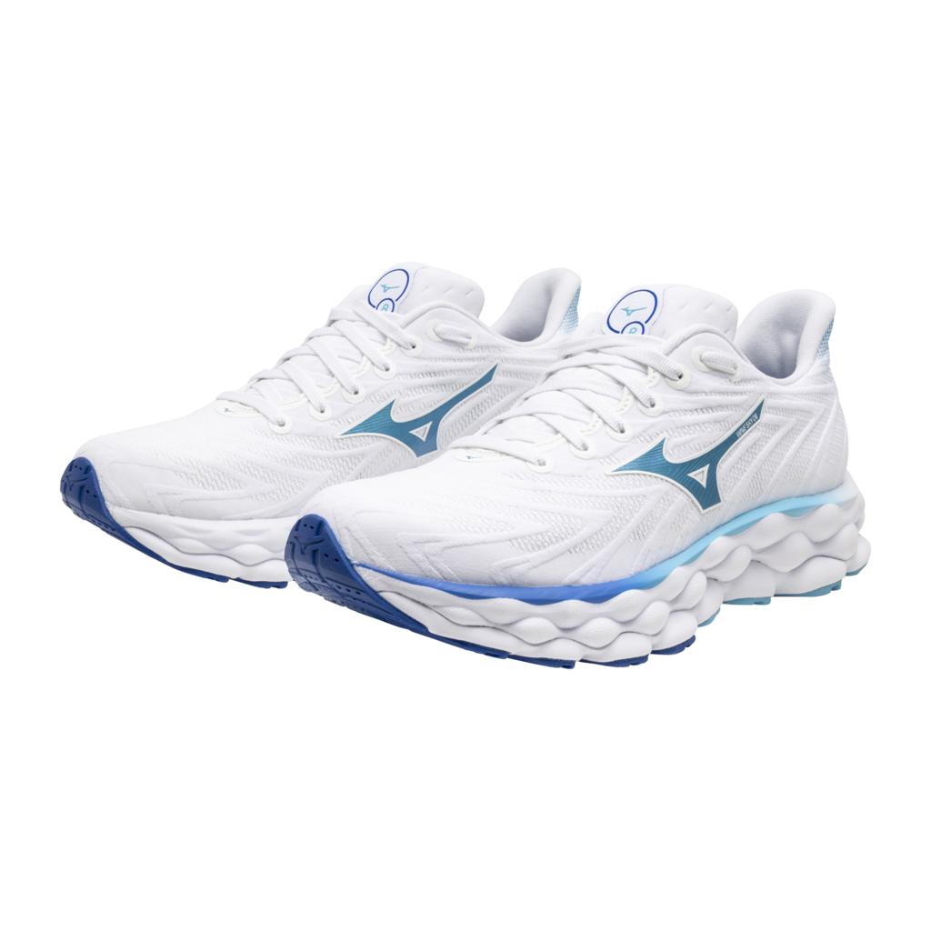 Mizuno Women's Wave Sky 8 Wide D Running Shoe White Moroccan Blue