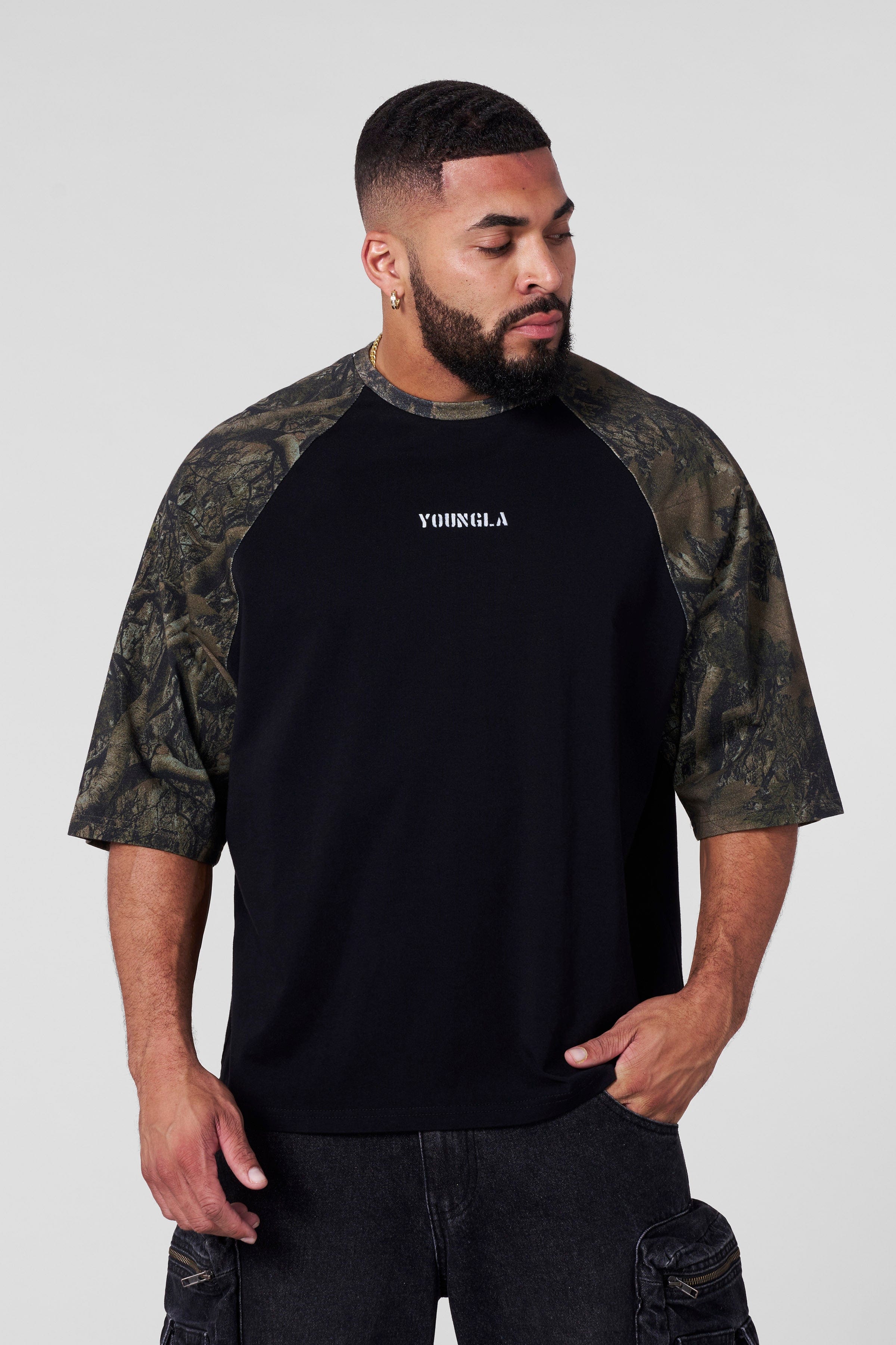 YoungLA 4139 - Oversized Baseball Tees Black/Dark Tree Camo