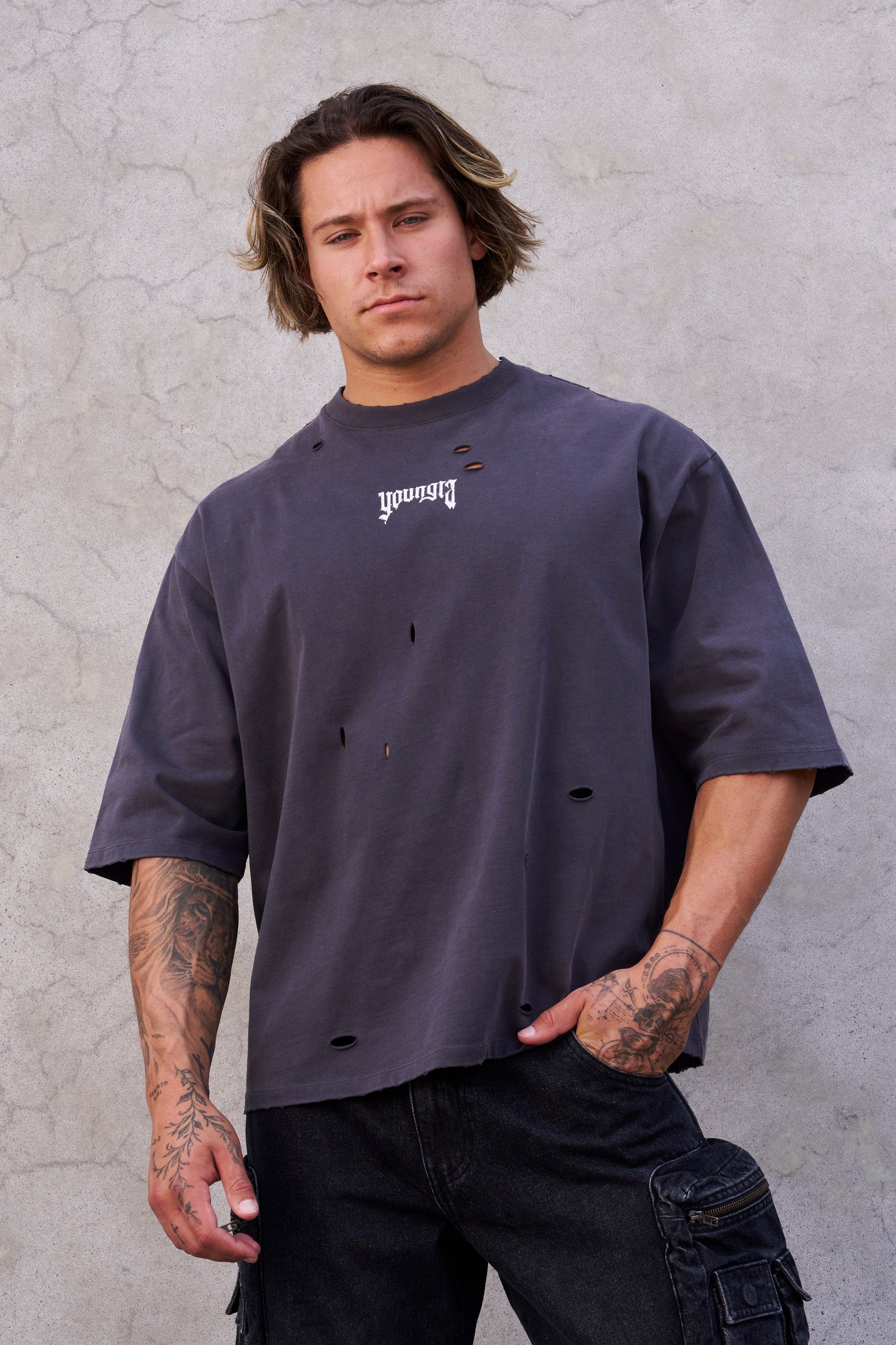 YoungLA 4144 - Distressed Tees Charcoal