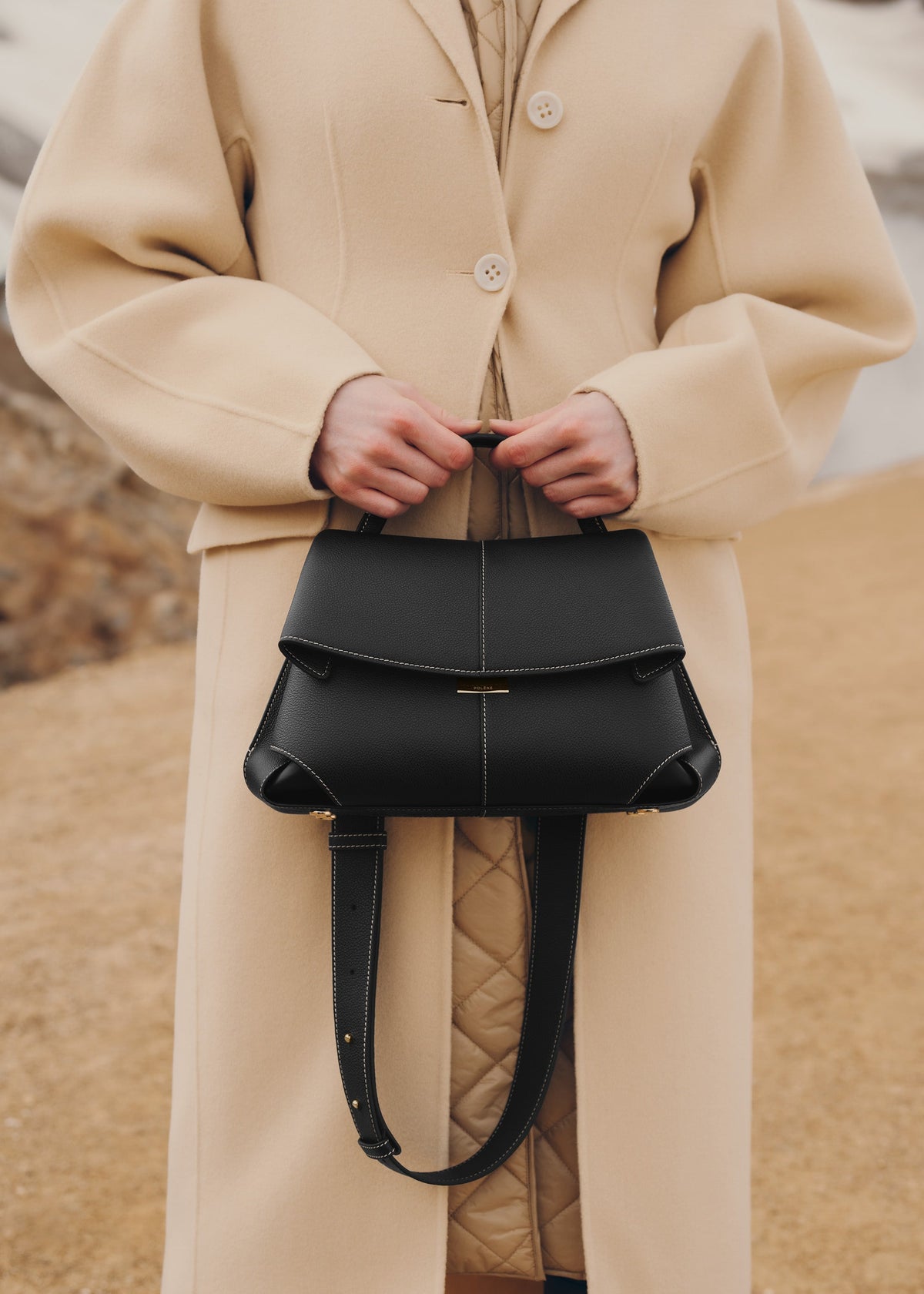 Polene Mokki Textured Black with Ecru Stitching, worn