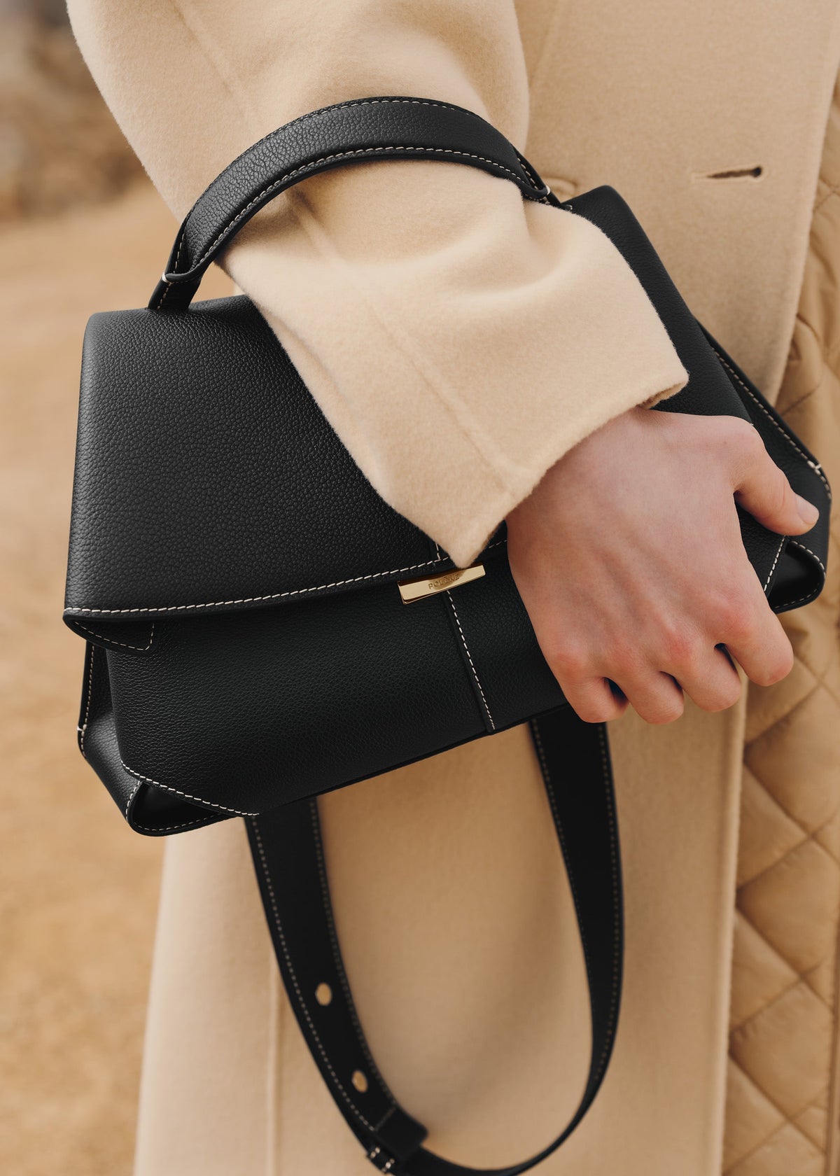 Polene Mokki Textured Black with Ecru Stitching, detail 1