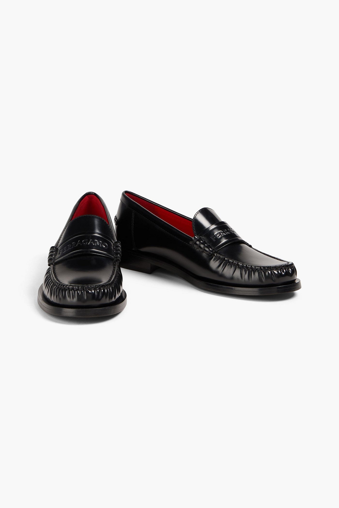Ferragamo Embossed Glossed-Leather Loafers Black Women's