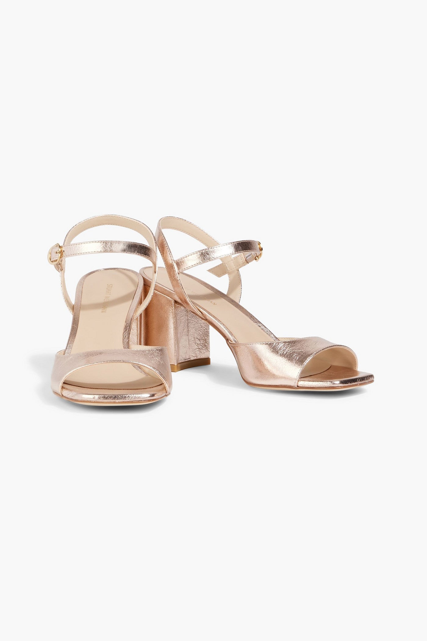 Stuart Weitzman Tia 75 Metallic Textured-Leather Sandals Rose Gold Women's