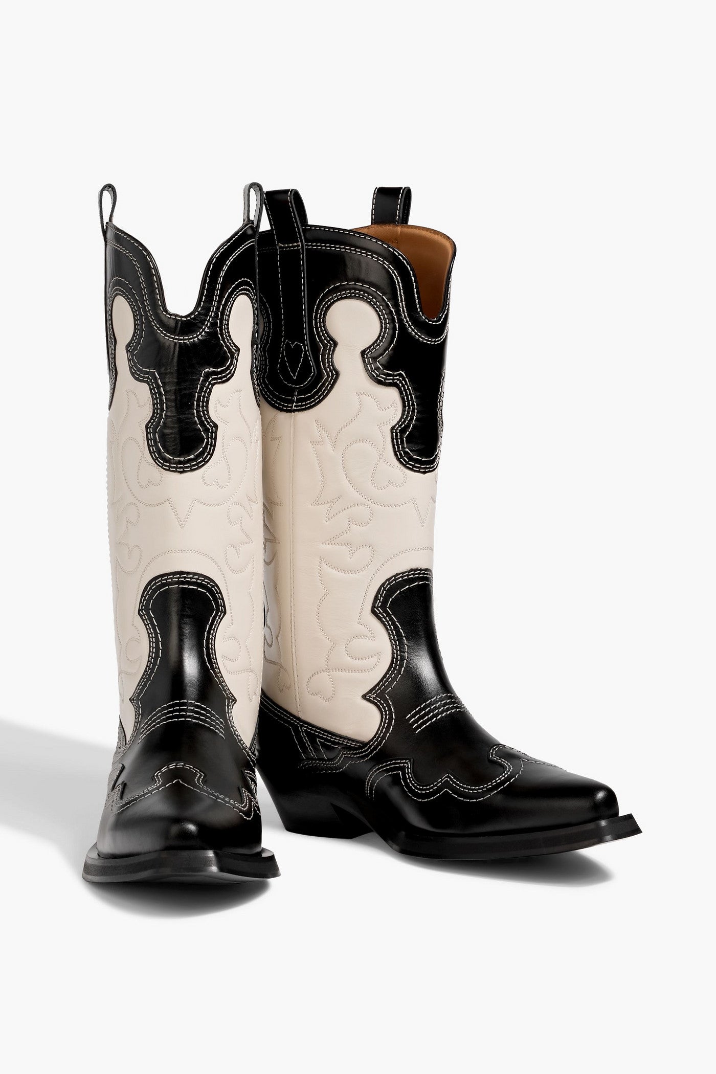 Ganni Two-Tone Embroidered Leather Cowboy Boots Black Women's
