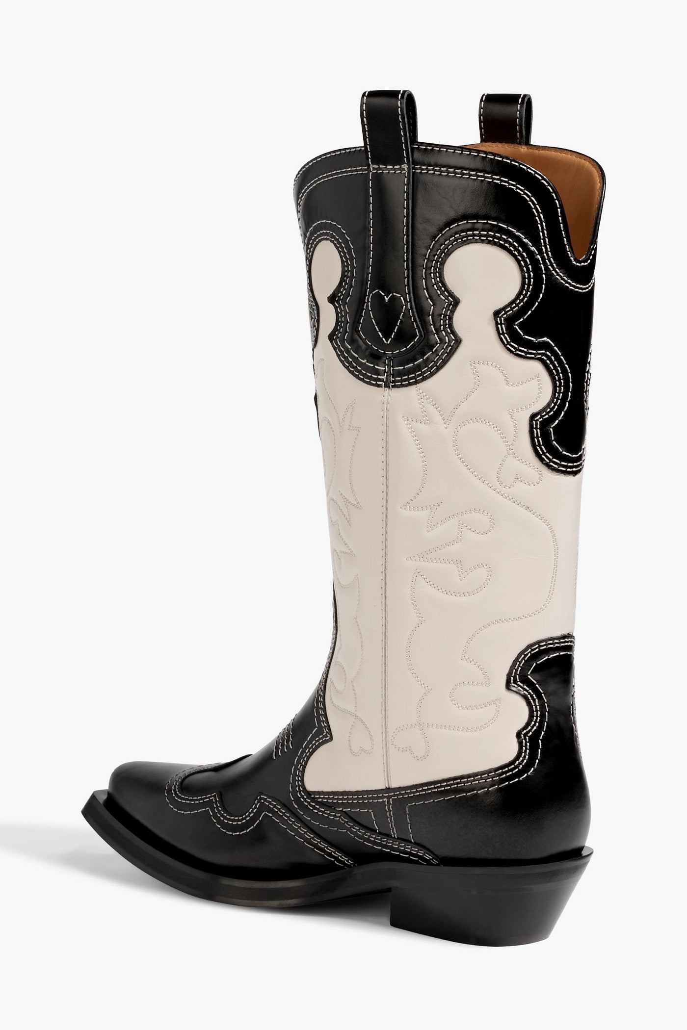 Ganni Two-Tone Embroidered Leather Cowboy Boots Black Women's