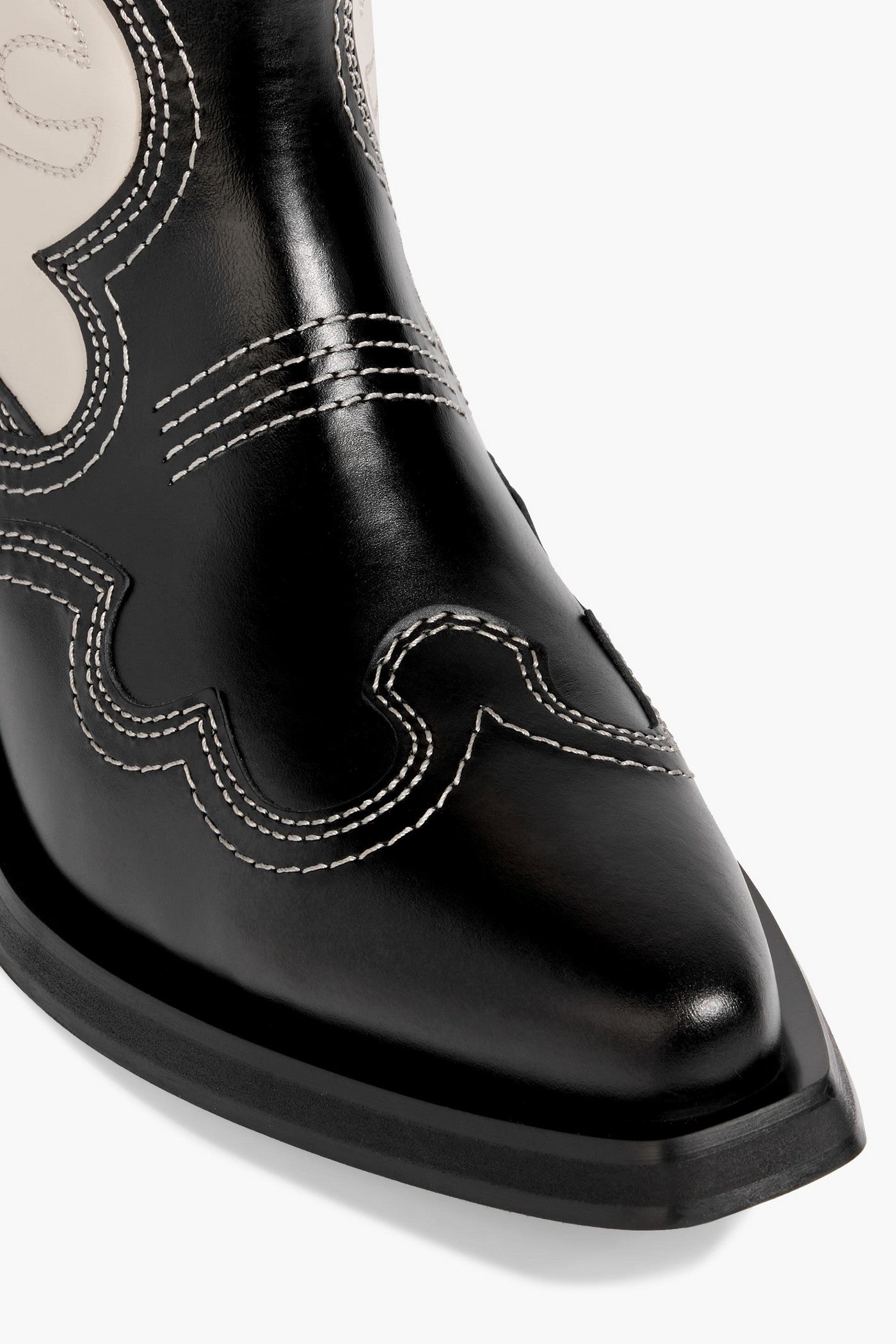 Ganni Two-Tone Embroidered Leather Cowboy Boots Black Women's