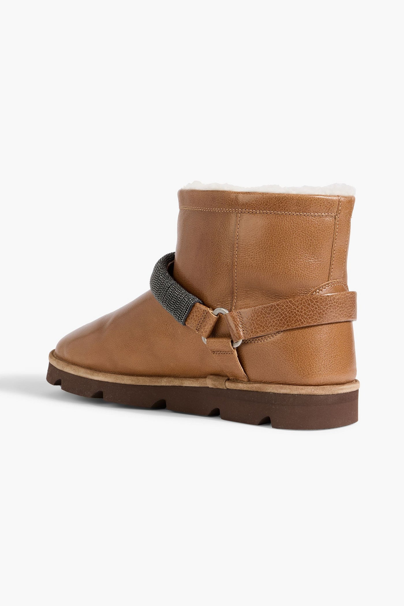 Brunello Cucinelli Shearling-Lined Bead-Embellished Leather Ankle Boots Light Brown Women's