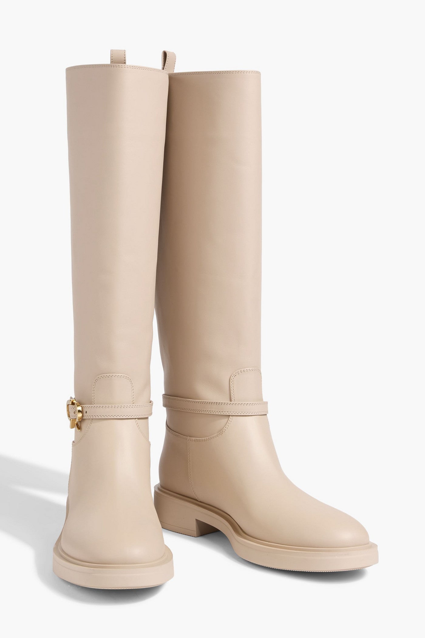 Gianvito Rossi Ribbon Cavalier Leather Knee Boots Beige Women's