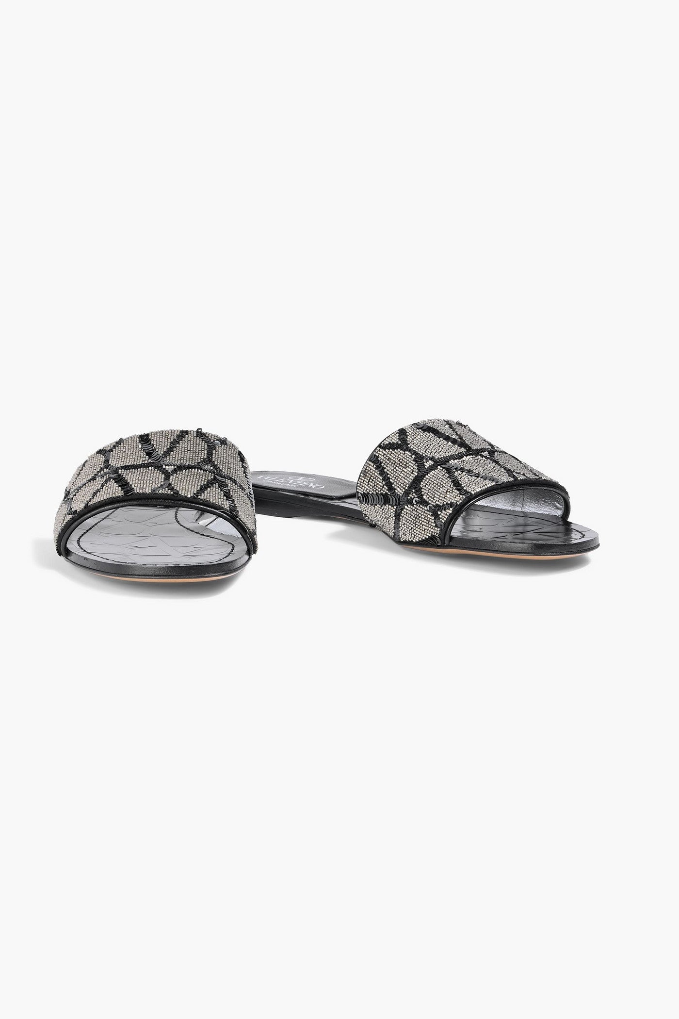 Valentino Garavani Vlogo Leather-Trimmed Sequined Satin Slides Black Women's