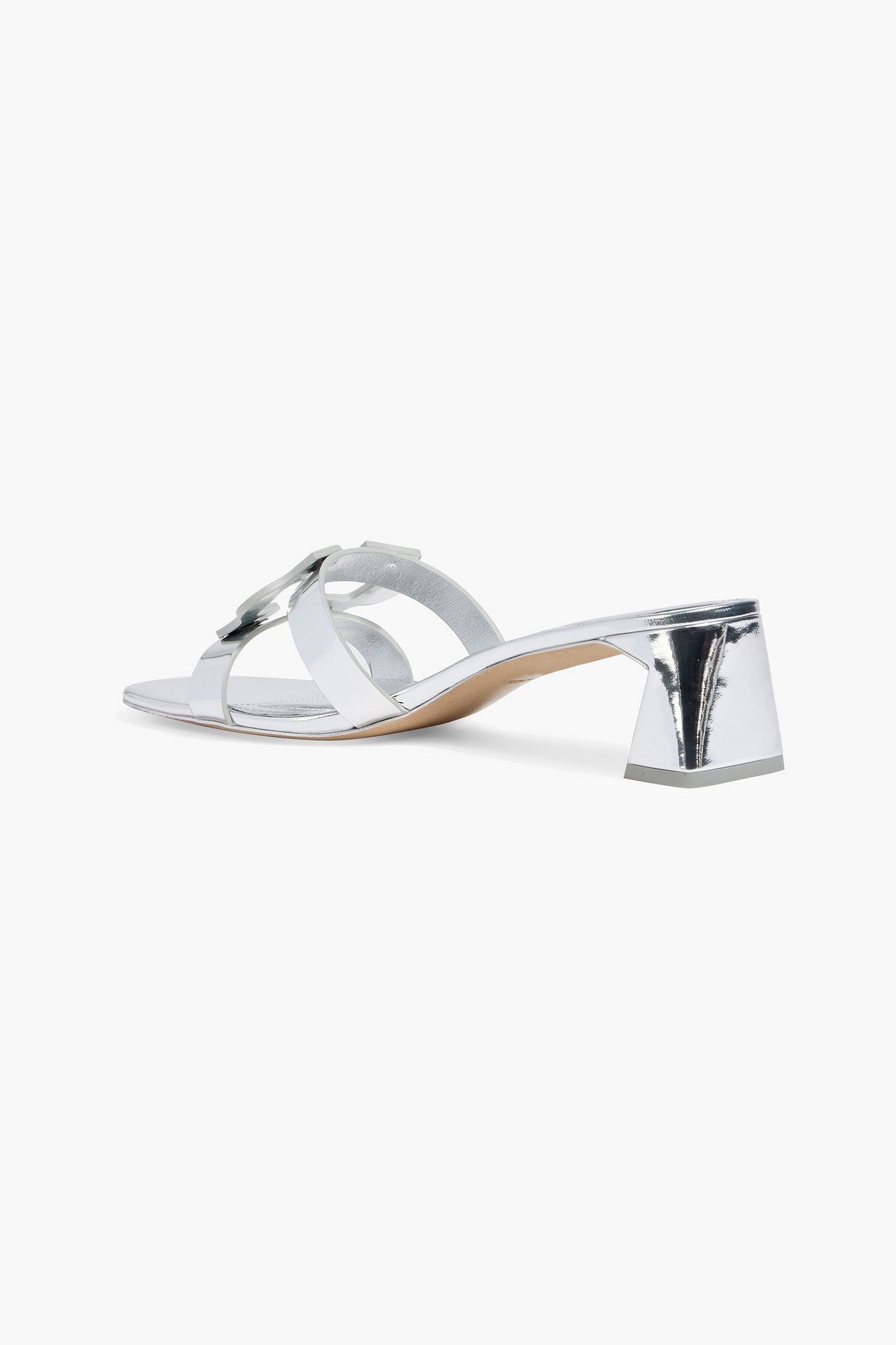 Simkhai Monogram Appliqud Mirrored-Leather Mules Silver Women's