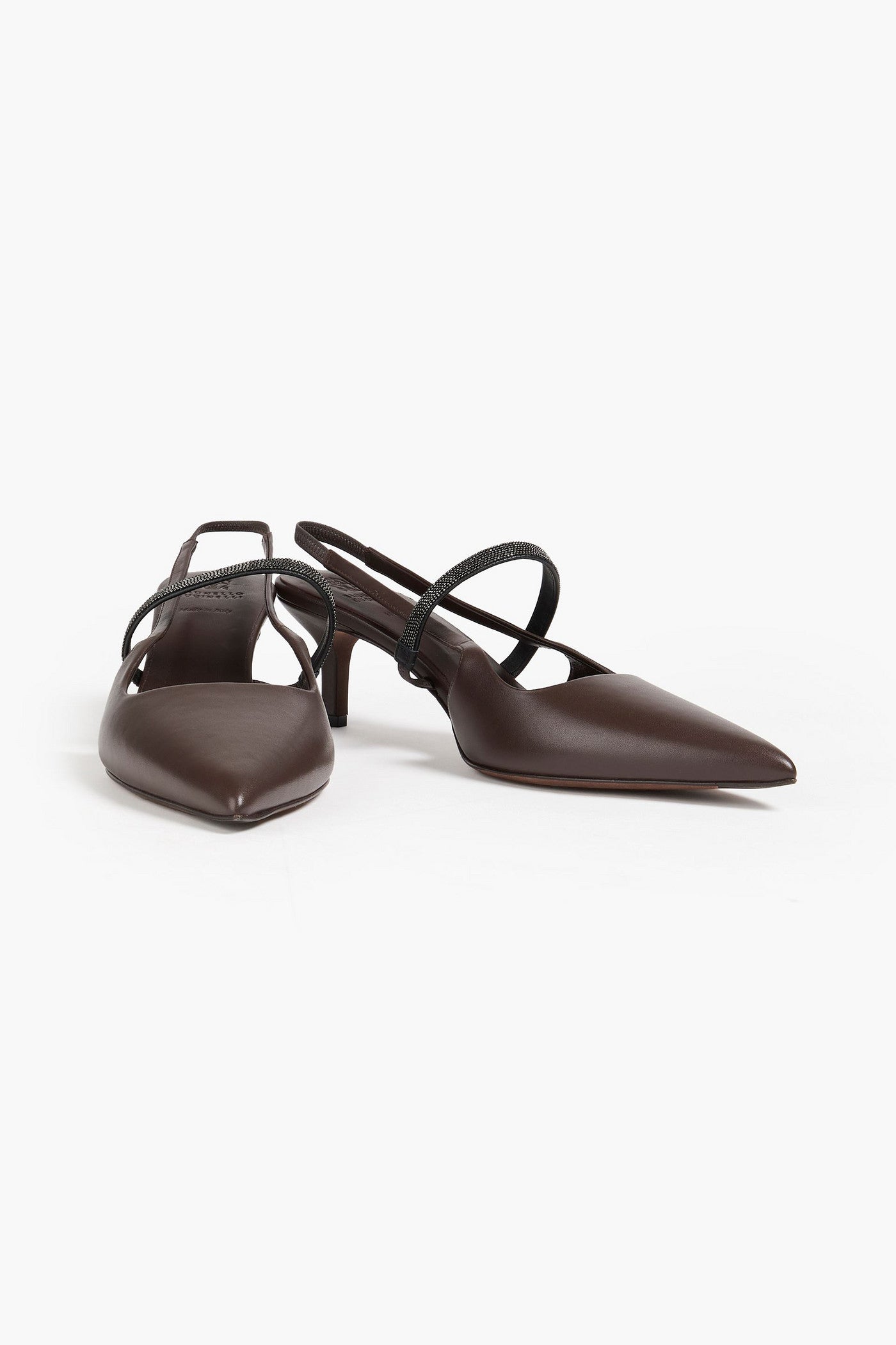 Brunello Cucinelli Bead-Embellished Leather Slingback Pumps Chocolate Women's